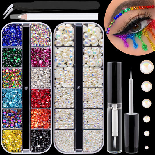 Colorful Flatback Face Gems and Beige AB Pearls for Makeup with Quick Dry Glue, Half Round Pearls Nail Art Rhinestones Glass Crystal Beads for Make-up Deco with Pickup Pencil + Tweezer-Velvo Beauty