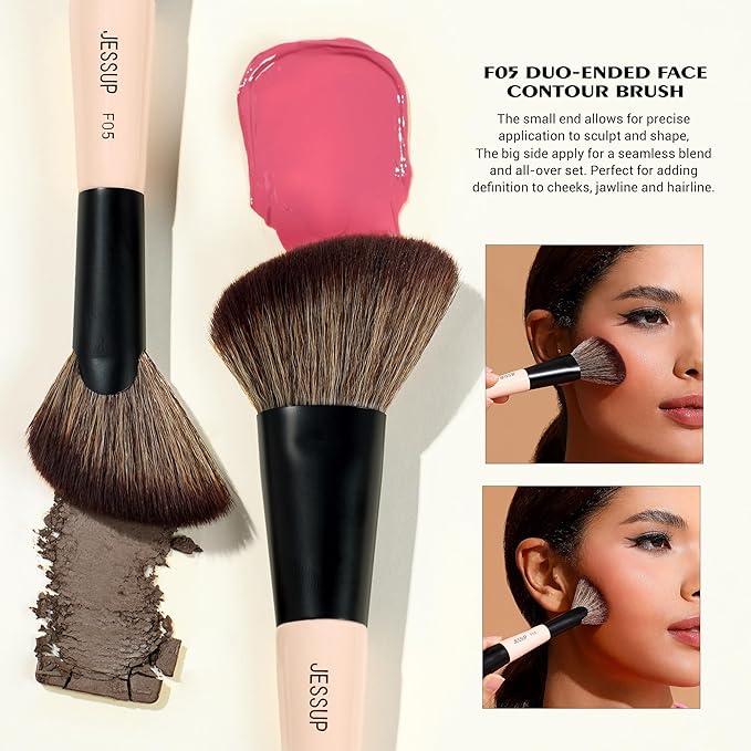 Jessup Travel Makeup Brushes Set 3pcs, Double Sided Contour Brush Dual Ended Eye Shadow Shader Eyeliner Brush, Multi-functional Makeup Set Peach Dust T507-Velvo Beauty