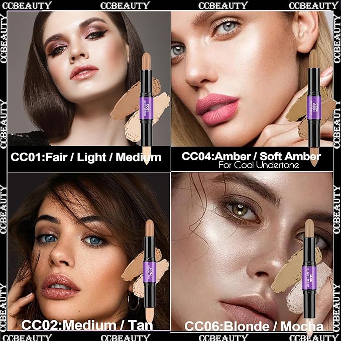 CCbeauty 2pcs 2-IN-1 Matte Contour Concealer Stick Cool Tone with Blush,Cream Blendable Bronzer & Blusher for Cheeks & Lip,Long Lasting & Waterproof Contouring for Face Shaping Makeup,AMBER/SOFT AMBER-Velvo Beauty