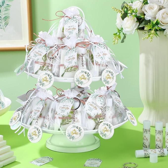 60 Sets 360 Pcs Lip Balm Soap Keychain Favors Eucalyptus Greenery Baby Shower Favors with Organza Bag Gift Card Faux Eucalyptus Greenery for Baby Shower Gift Gender Reveal Guest Prize-Velvo Beauty