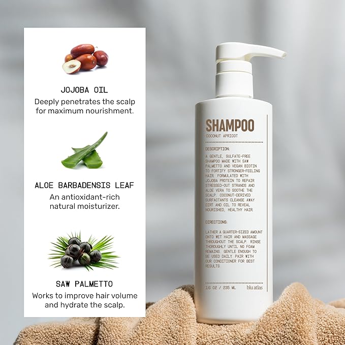 Blu Atlas Men's Natural Shampoo – Organic, Sulfate-Free, Paraben-Free – Deep Cleansing & Hydrating – Coconut Apricot Scent – Made in America – 16 oz-Velvo Beauty