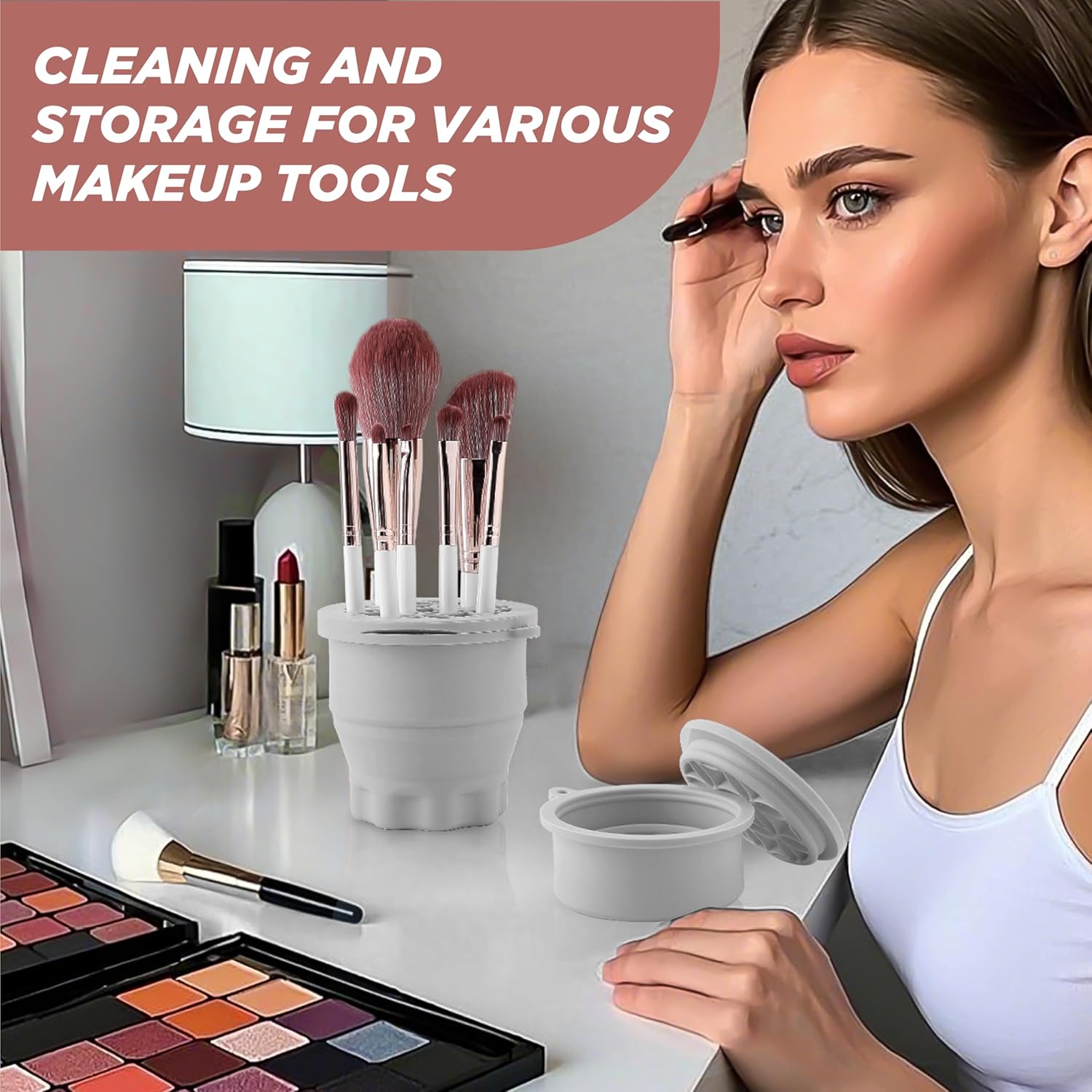 Makeup Brush Cleaner - Foldable Silicone Makeup Brush Cleaner Mat with Brush Storage Holder Makeup Brush Cleaning Bowl Cosmetic Brush Washing Tool for Cleaning Organizer and Drying (Grey)-Velvo Beauty