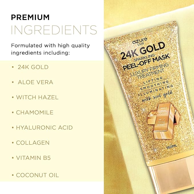 AZURE 24K Gold Firming Peel Off Face Mask - Anti Aging, Lifting, Illuminating & Revitalizing - Removes Blackheads, Dirt & Oil with Hyaluronic Acid & Collagen - Korean Skin Care - 150 mL - Pack of 2-Velvo Beauty