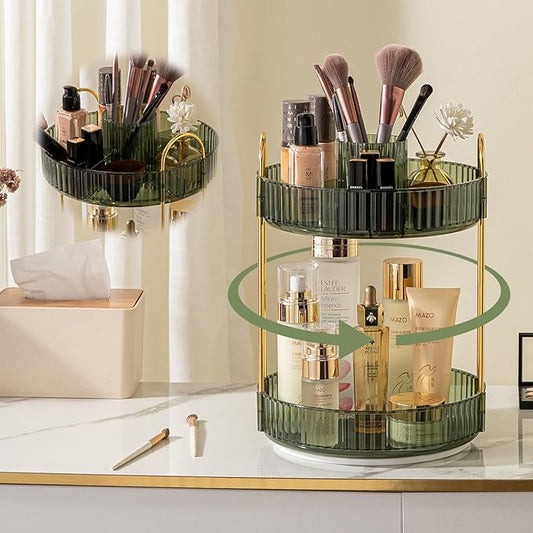 Rotating Makeup Organizer for Vanity, High-Capacity Skincare Clear Make Up Storage Perfume Organizers Cosmetic Dresser Organizer Countertop 360 Spinning (Green, New-2 Tier)-Velvo Beauty