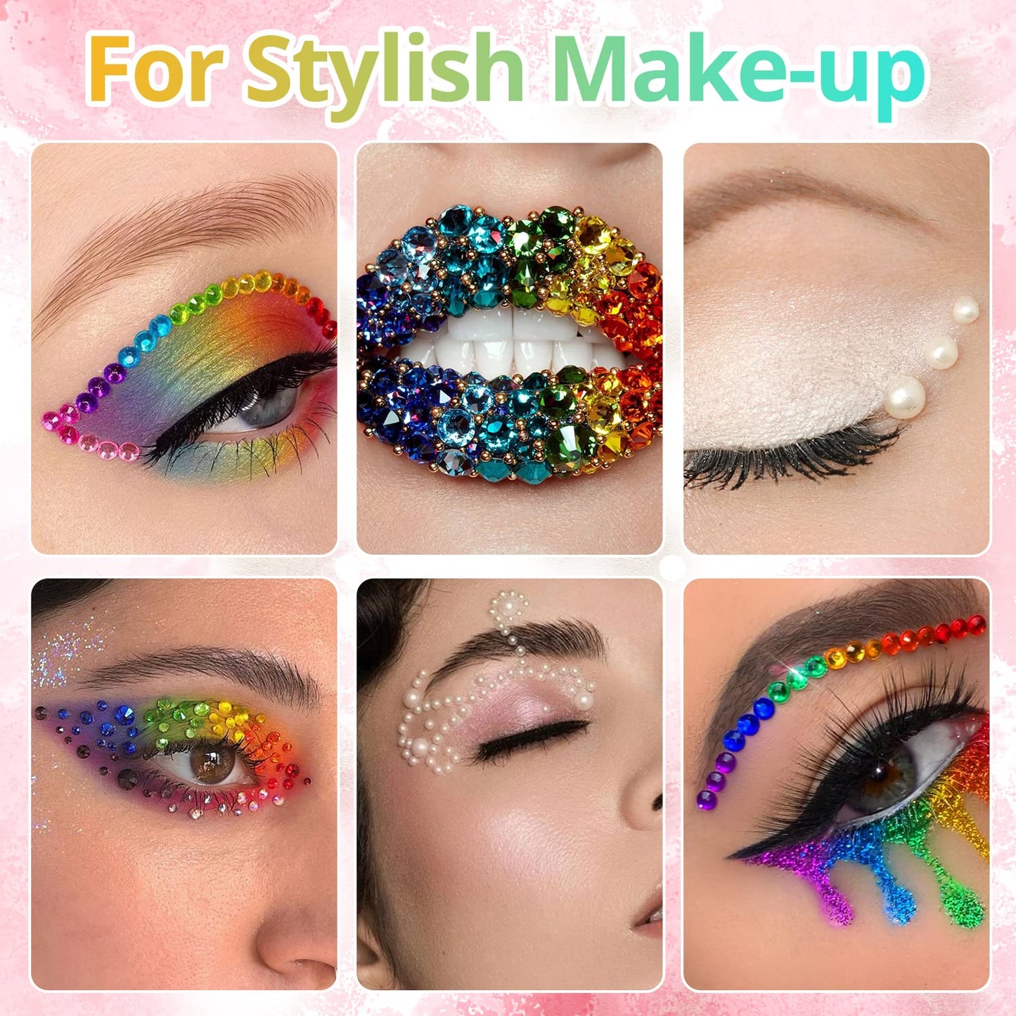 Colorful Flatback Face Gems and Beige Pearls for Makeup with Quick Dry Glue, Half Round Pearls Nail Art Rhinestones Glass Crystal Beads for Make-up Deco with Pickup Pencil + Tweezer-Velvo Beauty