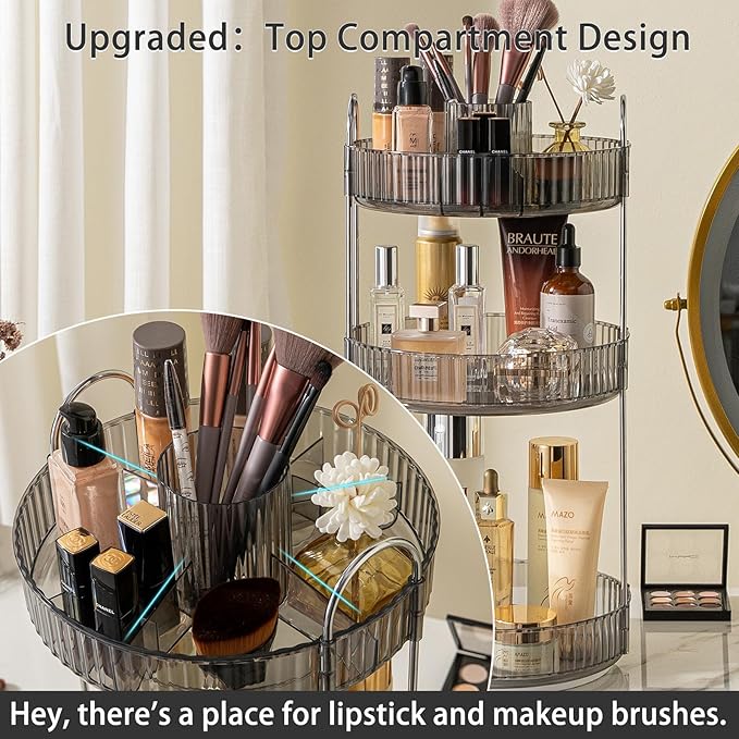 Rotating Makeup Organizer for Vanity, High-Capacity Skincare Clear Make Up Storage Perfume Organizers Cosmetic Dresser Organizer Countertop 360 Spinning (Gray, New-3 Tier)-Velvo Beauty