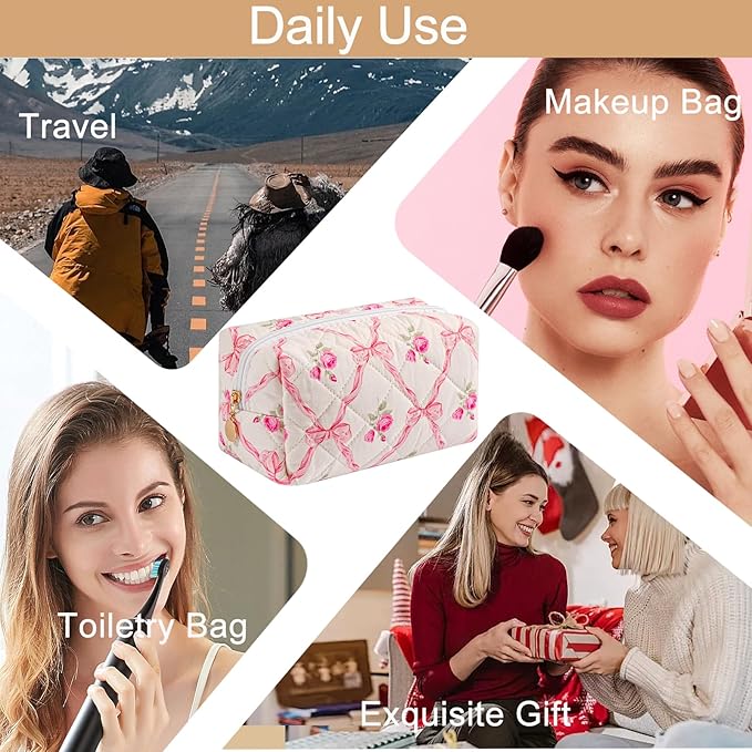 Makeup Bag Travel Cosmetic Bag for Women Girls, Zipper Make Up Pouch, Floral Flowers Toiletry Organizer Makeup, Portable Storage Bag, Cosmetic Travel Cloth Bag (2 Pack (L+S)/Pink Bowknot)-Velvo Beauty