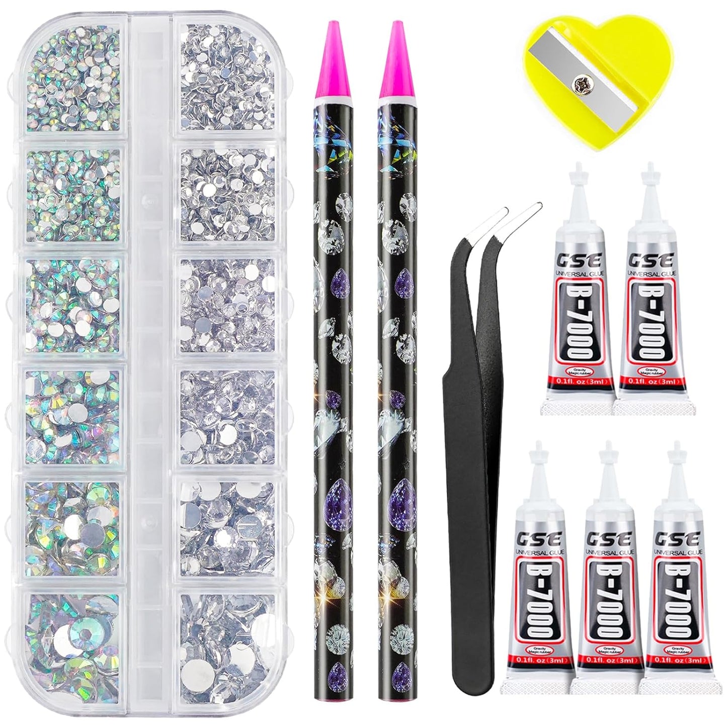 Canvalite Rhinestones 2784PCS in 6 Sizes Flat Back Gems, Crystal AB Art Gems with 5Pcs B7000 Glue, Pick Up Tweezers and Picker Dotting Pen for Nails, Makeup, Stocking Stuffers Gifts for Women-Velvo Beauty