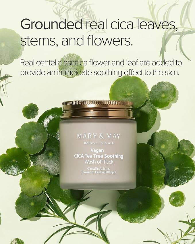 Mary&May Vegan Cica Tea Tree Soothing Wash Off Pack - Natural Centella Clay Mask for Sensitive Skin, Relieves Irritation, Cleanses Pores, and Hydrates, 4.23oz.-Velvo Beauty