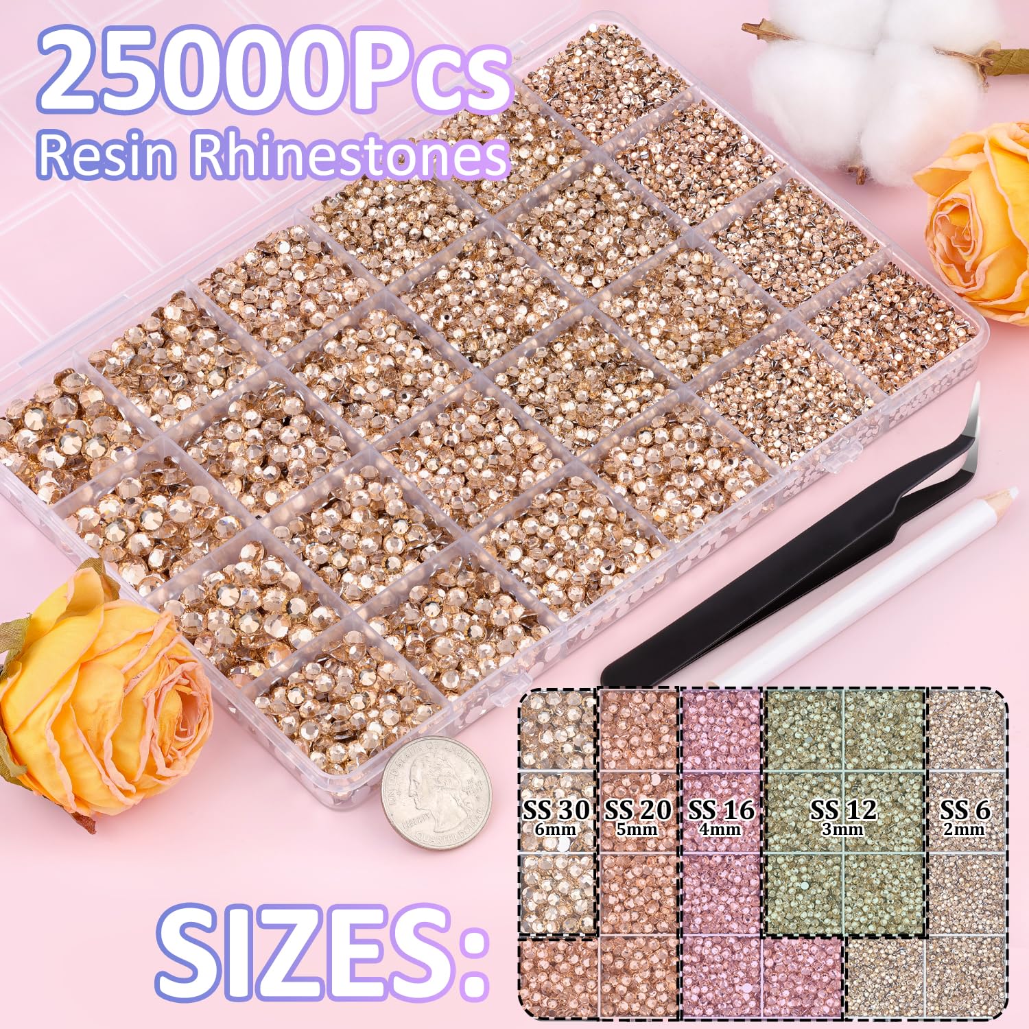25000Pcs Resin Rhinestones with Tweezers for Crafting, Champagne 2-6mm Mixed Sizes Non Hotfix Flatback Gems, Bedazzling Crystal for DIY Craft Clothing Mugs Tumblers Shoes Fabric Decor Nail Art-Velvo Beauty