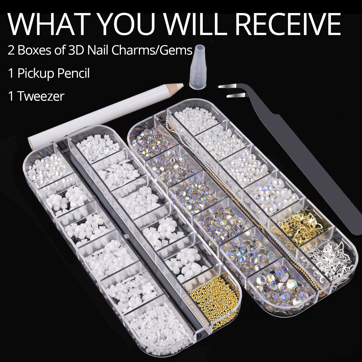 Mixed 3D Nail Art Gem Decoration Accessories Kit #9, Butterfly Starry AB Rhinestone Charm Jewelry for Deco, Pearl Flower Caviar Bead Stone Crystal with Pickup Pencil and Tweezer-Velvo Beauty