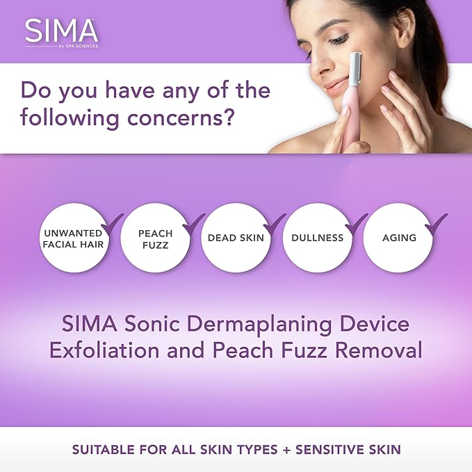 SPA SCIENCES - SIMA Patented Dermaplane Razor for Women Face – Painless 2-in-1 Facial Exfoliation & Peach Fuzz Hair Removal – Anti-Aging – 3 Speeds – Rechargeable – 7 Weeks Treatment-Velvo Beauty