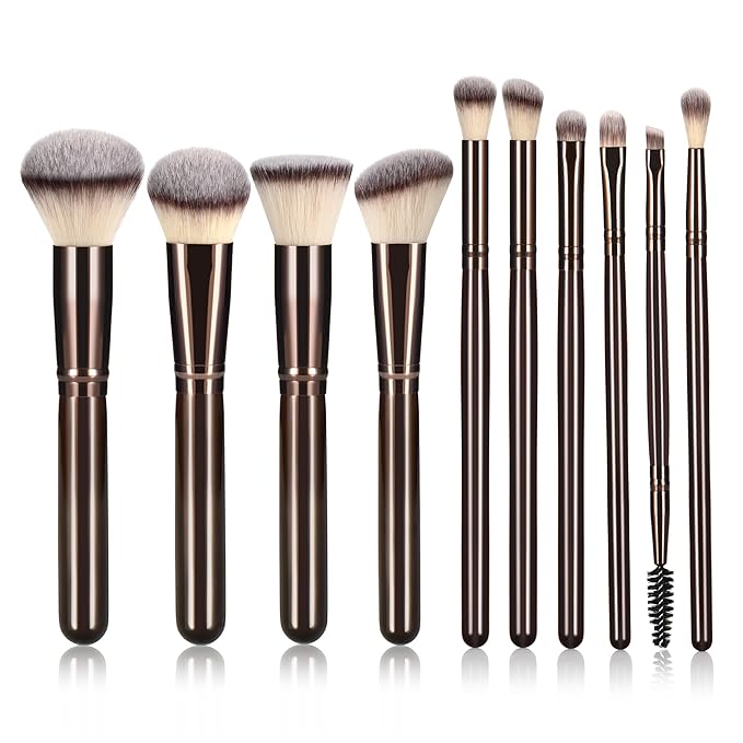 10 Piece Black brown Makeup Brushes - Wooden Handle with Soft Synthetic Bristles,for Face & Eye Makeup|Professional Makeup Brushes set for Women & Girls|-Velvo Beauty