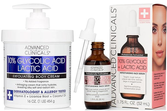 Advanced Clinicals 10% Glycolic Acid + Lactic Acid Body Lotion Moisturizer + AHA Glycolic Acid Face Serum 2pc Exfoliating Skincare Set To Reduce Look Of Uneven Rough Skin Texture, Fragrance Free, 2pc-Velvo Beauty