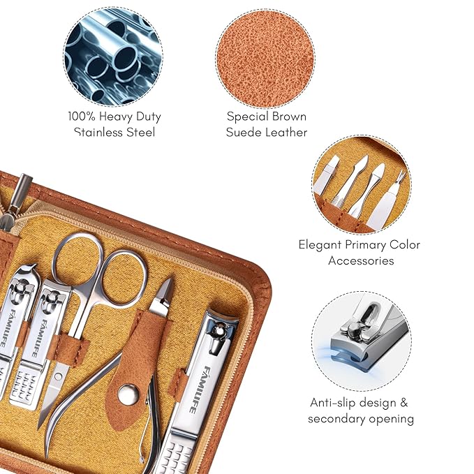 FAMILIFE Manicure Set, Nail Professional Kit Manicure Kits Nail Clipper Sets, 13PCS Stainless Steel Pedicure Sets Mens Grooming Tool, with Brown Leather Travel Case for Men-Velvo Beauty