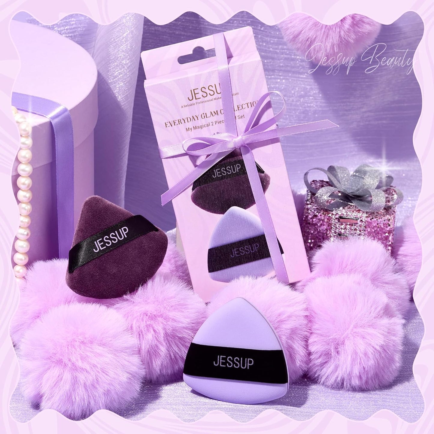 Jessup Powder Puff, 2pcs Triangle Powder Puff Soft for Foundation Setting and Baking, Reusable, Washable, Purple SP018-Velvo Beauty