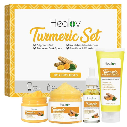 Turmeric Skincare Set - Turmeric Skin Care Products Brightening & Acne - Turmeric Skin Care Kit, Turmeric Skin Care Set - Turmeric Cleanser, Body Scrub, Face Cream & Facial Serum-Velvo Beauty