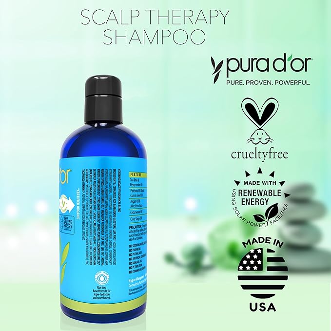 PURA D'OR Therapy Shampoo (16oz) Hydrates & Nourishes - Scalp Care Shampoo For Itchy Flaky Scalp w/ Tea Tree, Peppermint, Patchouli, Cedarwood, Clary Sage, Argan Oil (Packaging may vary)-Velvo Beauty
