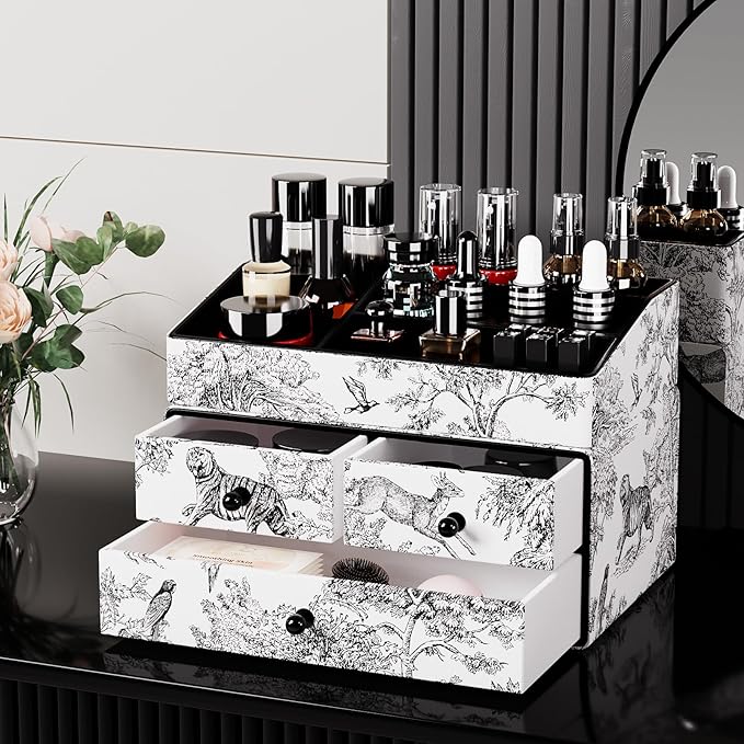 GORESE Leather Makeup Organizer with 3 Drawers for Vanity, Stackable Skincare Holder Dresser Organizer Countertop, Make Up Storage Organizers Counter Cosmetic Display Case Gift for Women(Retro Black)-Velvo Beauty