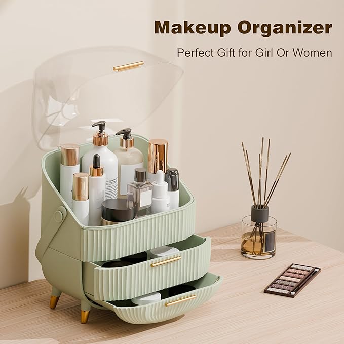 Makeup Organizers and Storage, Make up Organizer for Vanity Cosmetics Skincare Organizers With Lid and Drawers Display Cases for Countertop(Light Green)-Velvo Beauty