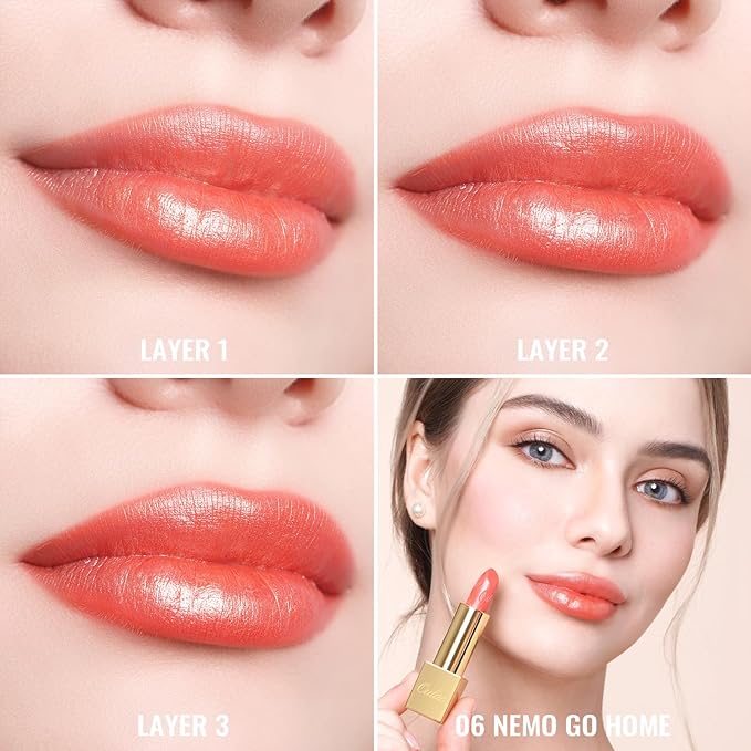 Oulac Coral Pink Lipstick for Women with Metallic 3D Shine Lightweight Hydrating Formula, High Impact Lip Color, Vegan Beauty, Full Coverage Lip Makeup, Christmas Gifts for Women, Nemo Go Home(06)-Velvo Beauty