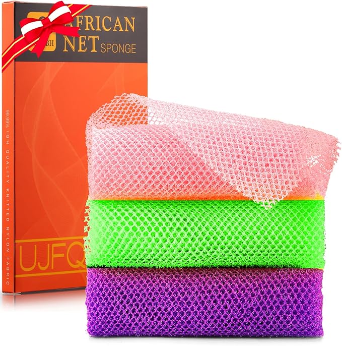 UJFQBH 3 Pieces African Bath Sponge African Net Long Net Bath Sponge Exfoliating Shower Body Scrubber Back Scrubber Skin Smoother,Great for Daily Use (Purple, Pink,Green)-Velvo Beauty