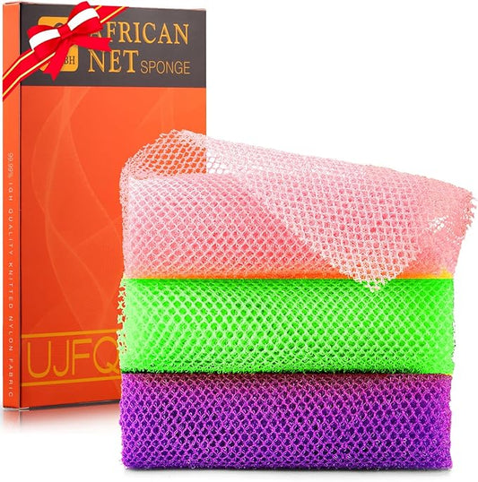 UJFQBH 3 Pieces African Bath Sponge African Net Long Net Bath Sponge Exfoliating Shower Body Scrubber Back Scrubber Skin Smoother,Great for Daily Use (Purple, Pink,Green)-Velvo Beauty