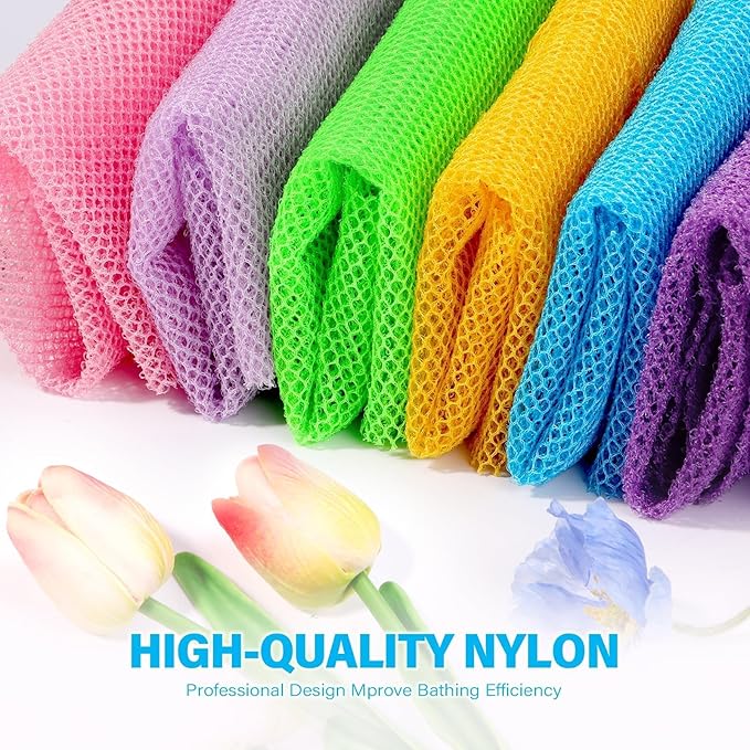 UJFQBH 6 Pieces African Bath Sponge African Net Long Net Bath Sponge Exfoliating Shower Body Scrubber Back Scrubber Skin Smoother,Great for Daily Use (Purple, Purple, Pink, Orange, Blue, Green)-Velvo Beauty