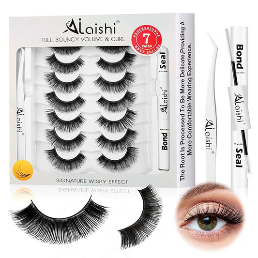 Fluffy False Eyelashes Kit With Bond, Seal and Tweezer, 7 Pairs Natural Look Fake Cat Eye Lashes Strips Thin Band Extensions Waterproof Easy Eyelashes for Beginners DF79-Velvo Beauty