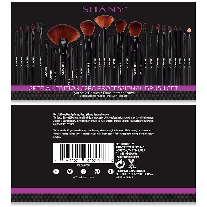 SHANY Makeup Brushes Premium Synthetic Foundation Powder Concealers Eye Shadows Cosmetics Brush Set with Faux Leather Pouch and Instruction sheet, 32 Count-Velvo Beauty