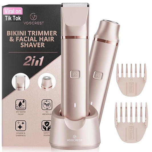 Electric Bikini Trimmer: 2 in1 Body Facial Hair Remover - Painless Pubic Hair Shaver (Rose Gold)-Velvo Beauty