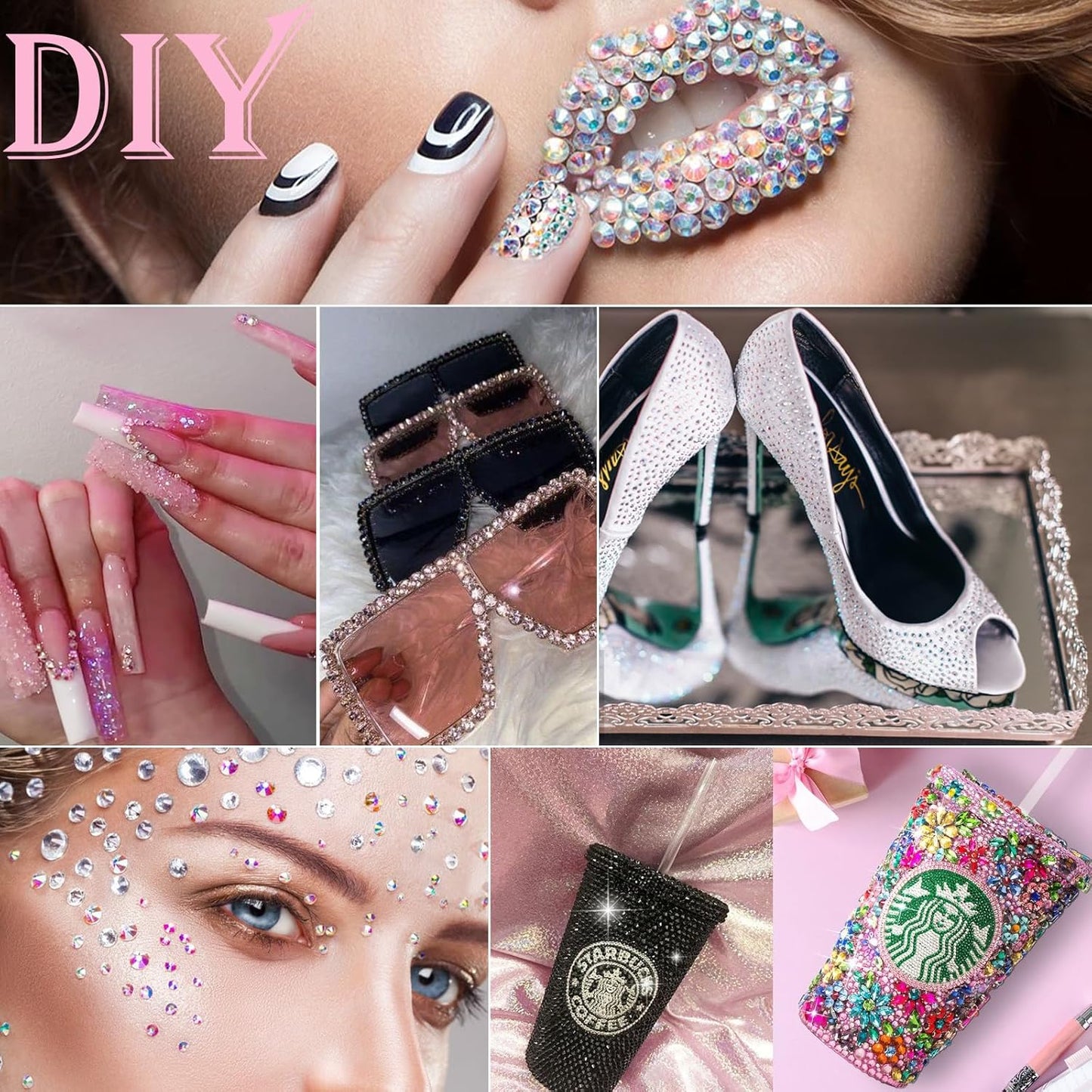 Canvalite 2784Pcs Pink Rhinestones Nail Art Gems with Tools, Flat Back Matte, Plastic, Nail Art, Rhinestones, Tweezer, Double Point Dotting Pen, 5Pcs Jewelry Glues-Velvo Beauty
