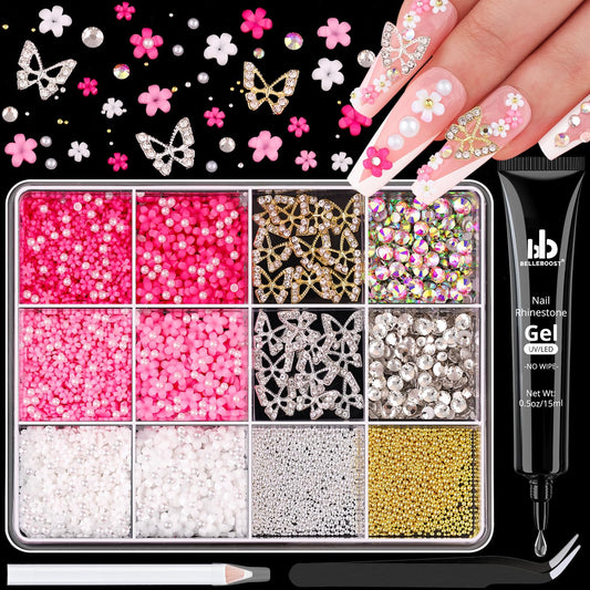 3D Nail Charms and Gems Set 4 with Rhinestone Glue, 20PCS Gold and Silver Chunky Butterfly Nail Charms, 3D Flowers for Nails, Crystal and Pearls + Metal Caviar Beads + Picker Tool for Y2K Nail Decor-Velvo Beauty