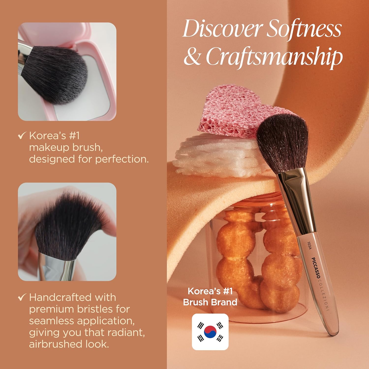Piccasso COLLEZIONI 103A Powder Brush – Soft Makeup Brush for Face, Fluffy Blush and Setting Tool with Goat Hair Blend, Ideal for Powder Application, Shading, and Natural Finish, Professional Korean-Velvo Beauty