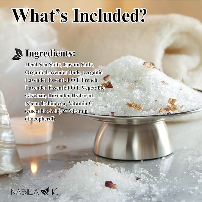 Organic Lavender Bath Salts by Nabila K - Dead Sea Salt & Epsom Salt Scrub & Soak - Exfoliates & Hydrates Skin, Botanical Essential Oils - Bubble Bath Accessories for All Skins Types, 2 oz-Velvo Beauty
