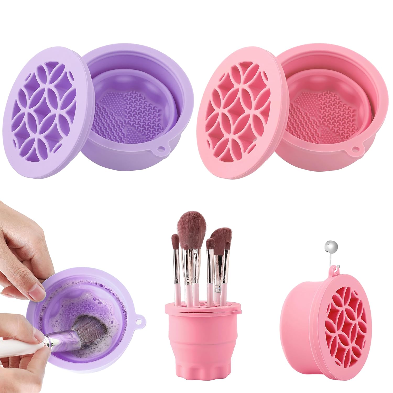 Makeup Brush Cleaner - Foldable Silicone Makeup Brush Cleaner Mat with Brush Storage Holder Makeup Brush Cleaning Bowl Cosmetic Brush Washing Tool for Cleaning Organizer and Drying (Purple and Pink)-Velvo Beauty