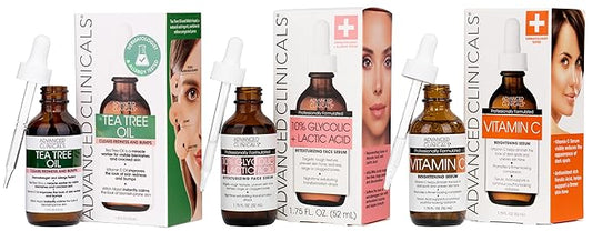 Advanced Clinicals Tea Tree Oil For Face + Vitamin C Serum + Exfoliating 10% Glycolic Acid + Lactic Acid Serum 3PC Skincare Set For Women & Men | Anti Aging Serums To Brighten, Exfoliate, & Hydrate-Velvo Beauty