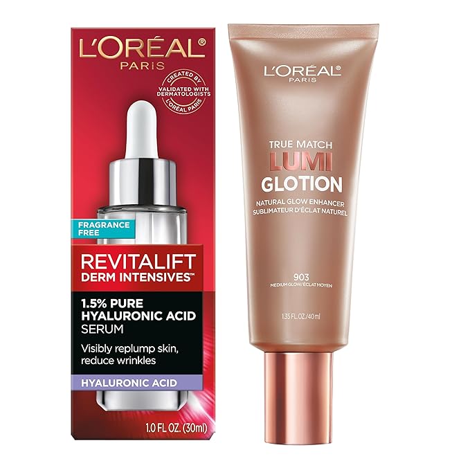 L'Oreal Paris Revitalift 1.5% Pure Hyaluronic Acid Face Serum 1.0 oz + True Match Lumi Glotion Natural Glow Enhancer Lotion, Medium 1.35 fl. oz, 1 kit-Velvo Beauty