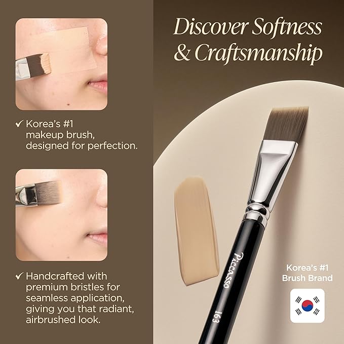Piccasso 163 Foundation Brush – Dense Makeup Brush for Liquid & Cream Foundation, Soft Synthetic Bristles for Flawless Coverage and Face Makeup, Professional Korean Beauty Tool for Daily-Velvo Beauty