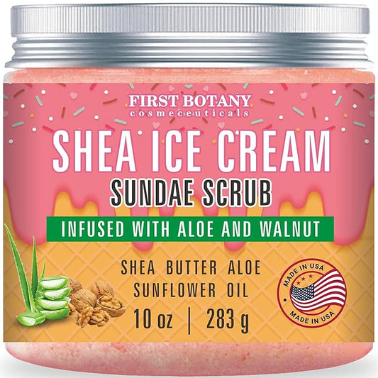 First Botany Body Scrub - Natural Exfoliating Salt Scrub & Body and Face Souffle helps with Moisturizing Skin, Acne, Cellulite, Dead Skin Scars, Wrinkles (10 fl oz, Shea Icecream)-Velvo Beauty