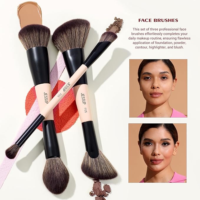 Jessup Makeup Brushes Set with Makeup Sponge, 7pcs Double Sided Makeup Brushes for Foundation Concealer Blush Eyeshadow Contour Bronzer Powder Blending Eyebrow Eyeliner with Gift Box, T506-Velvo Beauty