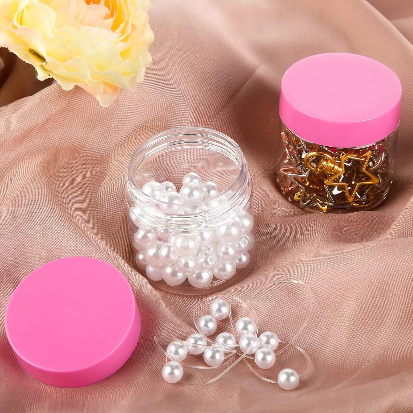 SATINIOR 100 Pcs Plastic Jars with Lids Small Containers Lids Wide Mouth Small Plastic Containers for Lotion Cream Rhinestones Body Butters Travel Storage(2 oz,Pink)-Velvo Beauty