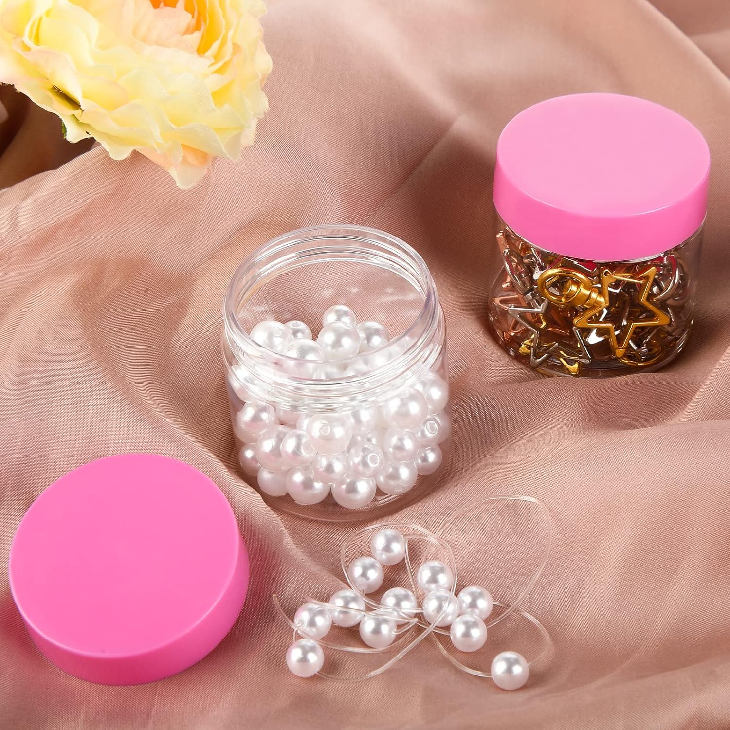 SATINIOR 100 Pcs Plastic Jars with Lids Small Containers Lids Wide Mouth Small Plastic Containers for Lotion Cream Rhinestones Body Butters Travel Storage(2 oz,Pink)-Velvo Beauty