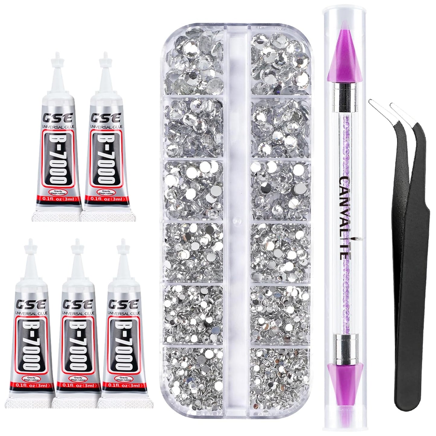 Canvalite 2784PCS Rhinestones Flatback Gems, Nail Rhinestones Nail Art Gems with Jewelry Glues, Pick Up Tweezers and Rhinestone Picker Dotting Pen, Nail Art Tools for Nails, Clothes, Face, Crafts-Velvo Beauty