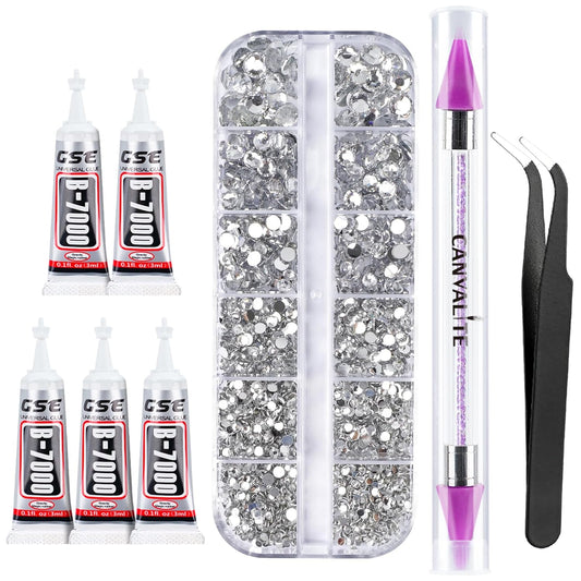 Canvalite 2784PCS Rhinestones Flatback Gems, Nail Rhinestones Nail Art Gems with Jewelry Glues, Pick Up Tweezers and Rhinestone Picker Dotting Pen, Nail Art Tools for Nails, Clothes, Face, Crafts-Velvo Beauty
