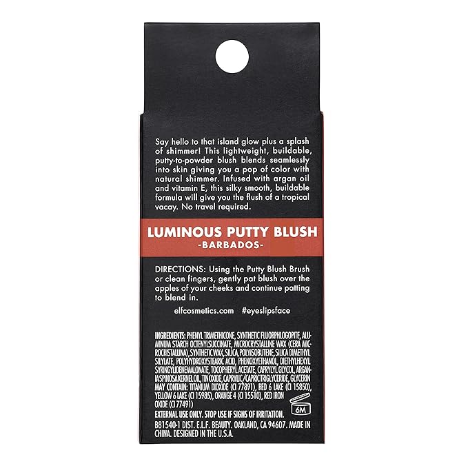 e.l.f. Luminous Putty Blush, Putty-to-Powder, Buildable Blush With A Subtle Shimmer Finish, Highly Pigmented & Creamy, Vegan & Cruelty-Free, Barbados-Velvo Beauty