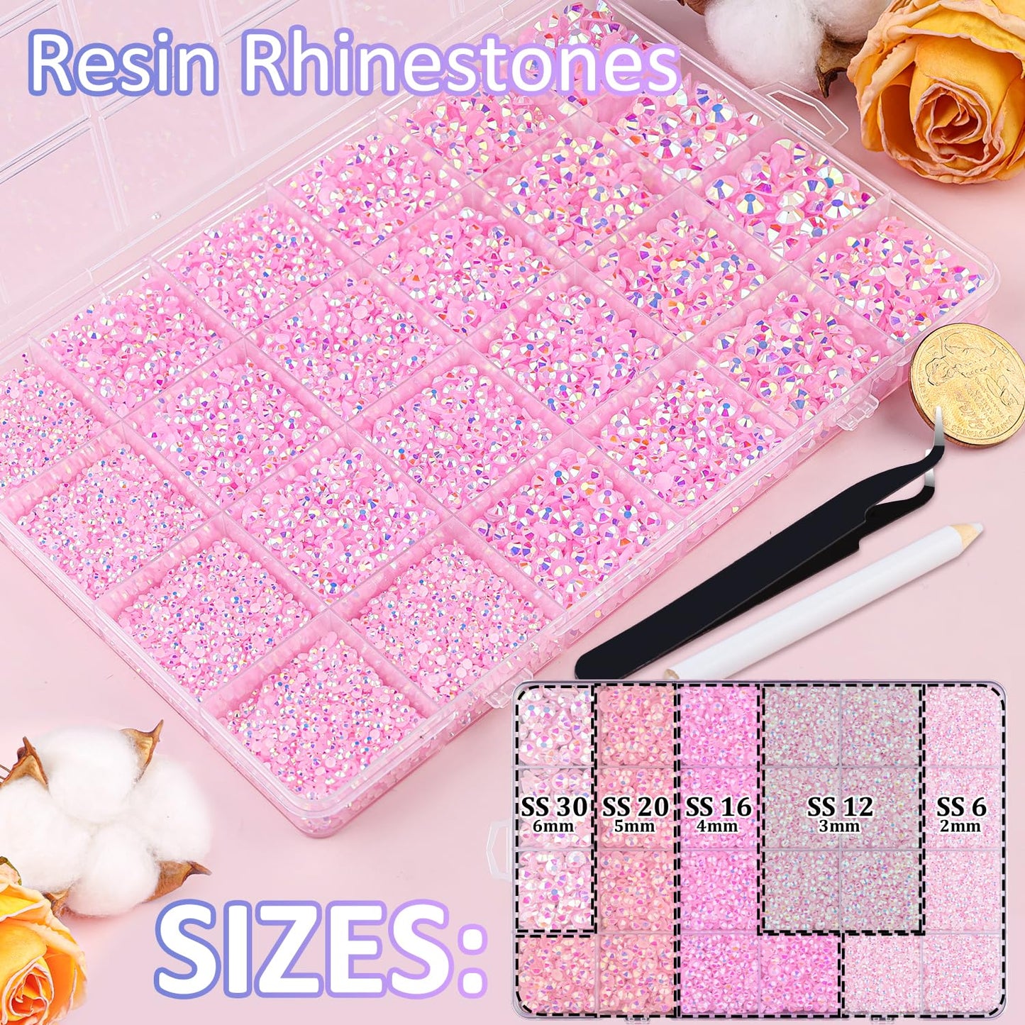 30000Pcs Resin Jelly Rhinestones with Tweezers for Crafting, Light Pink AB Flatback Gems, Bedazzling Crystal with 3Pcs 10ml B7000 Jewelry Glue for DIY Crafts Clothing Tumblers Shoes Fabric Nail Art-Velvo Beauty