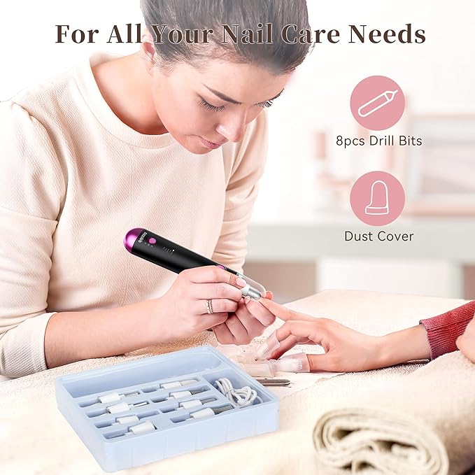 Electric Nail Drill, 8-in-1 Cordless Electric Nail File with LED Light, 5 Speeds Rechargeable Manicure and Pedicure Kit Hand Foot Care Tool for Nail Grinder Trim Polish for Women Baby-Velvo Beauty