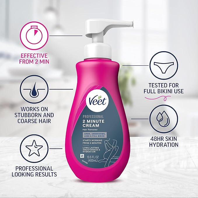 VEET Professional 2 Minute Hair Removal Cream For All Skin Types with Shea Butter | Effective Full Bikini Hair Removal, Pubic Hair Removal Gel | Dermatologically Tested | 13.5 FL OZ Bottle w/Spatula-Velvo Beauty