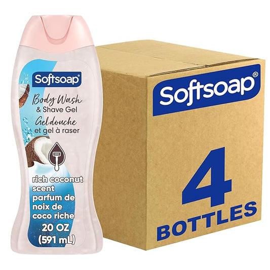 Softsoap Moisturizing Body Wash and Shave Gel, Rich Coconut Scent, 20 fl oz Bottle (Pack of 4)-Velvo Beauty
